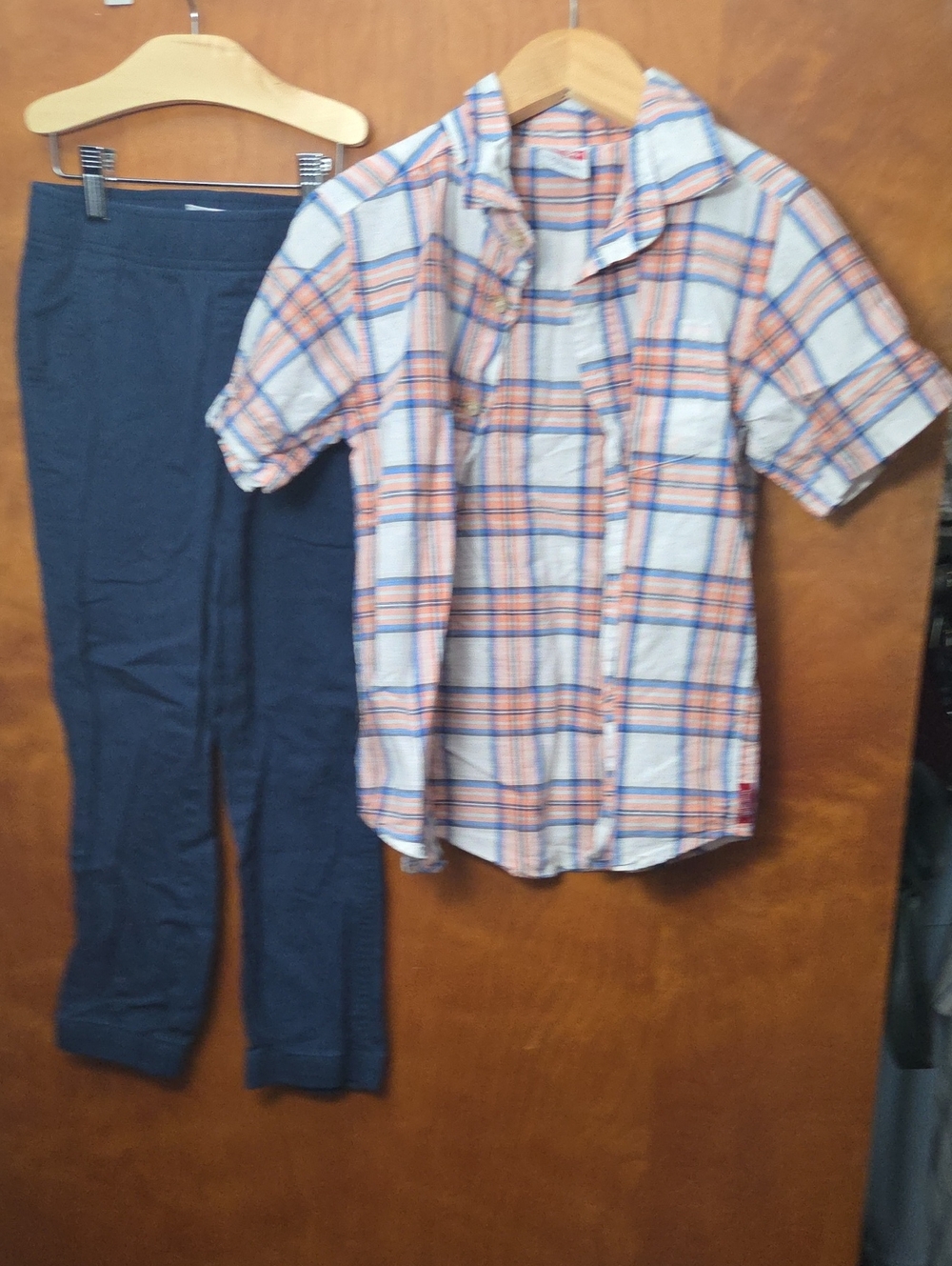Wrangler Kids Orange and Navy Plaid Short-Sleeve Pajama Top with Navy Pants